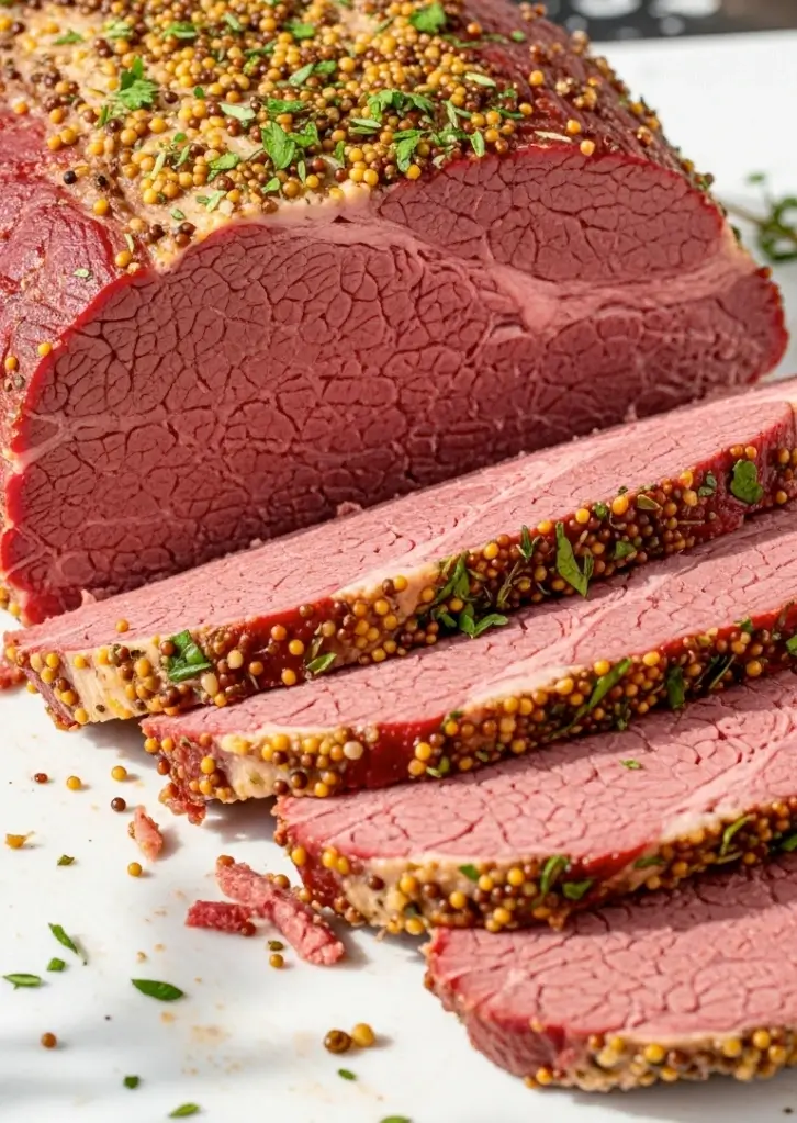 Sliced Instant Pot Corned Beef with mustard seeds and parsley