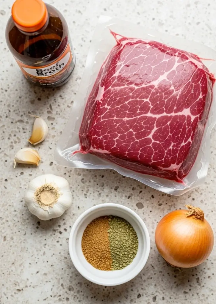 Ingredients for Instant Pot Corned Beef with broth, garlic, onion, spices, and brisket