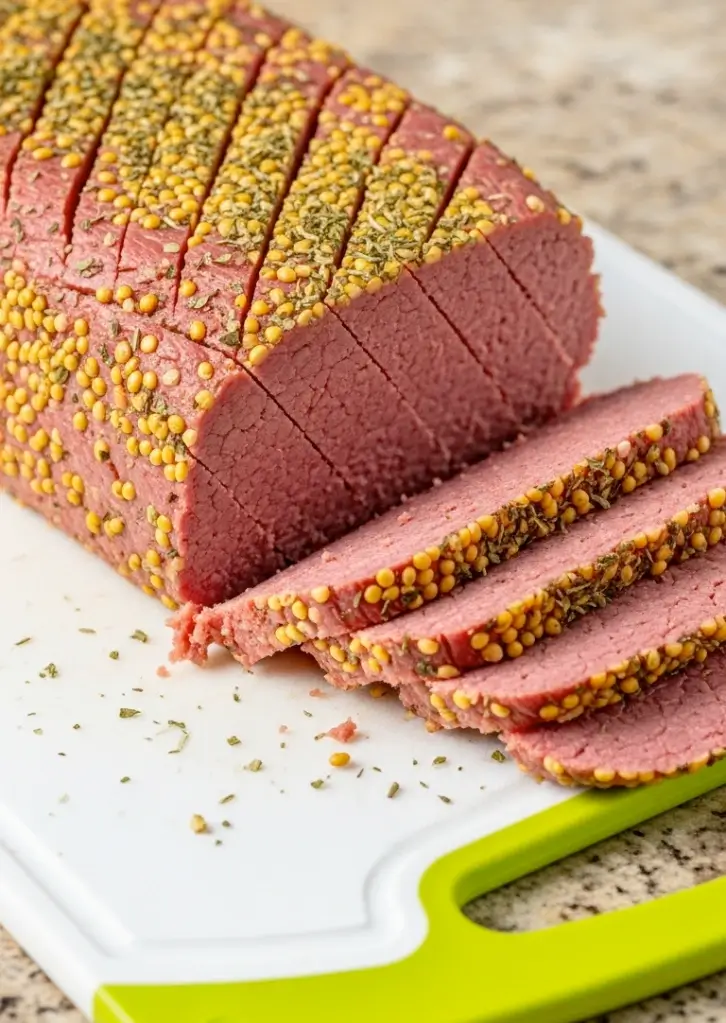 Insta Pot Corned Beef sliced evenly with mustard seed and herb crust