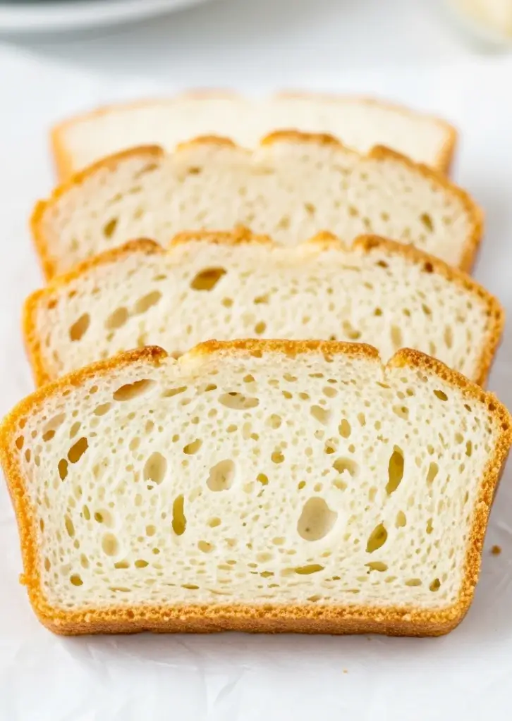 Sliced keto cottage cheese bread showing airy crumb texture