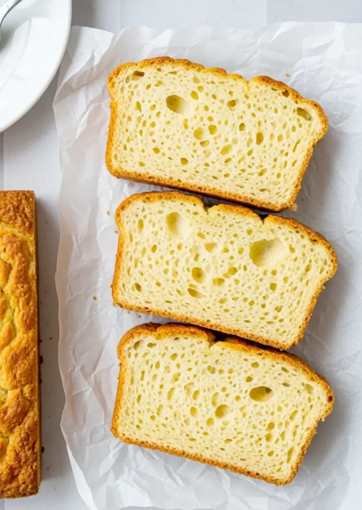 Top view of sliced keto cottage cheese bread on parchment paper