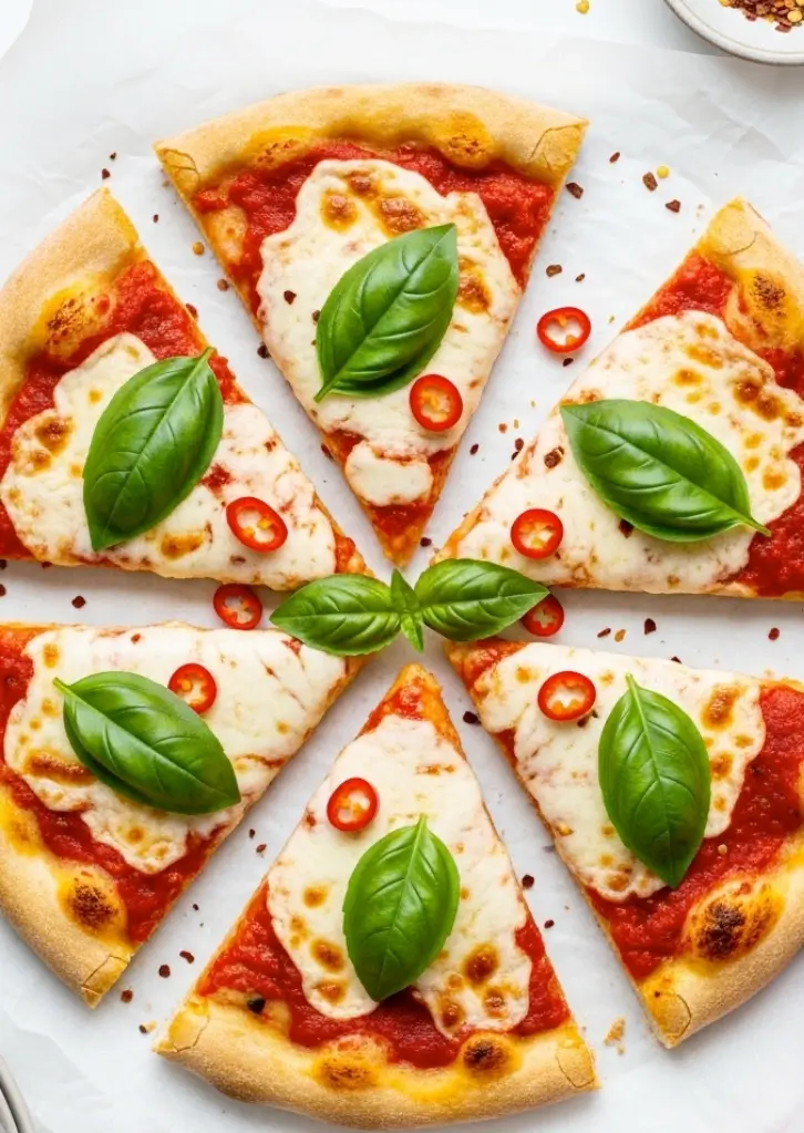 Sliced keto cottage cheese egg pizza topped with mozzarella, basil, and chili