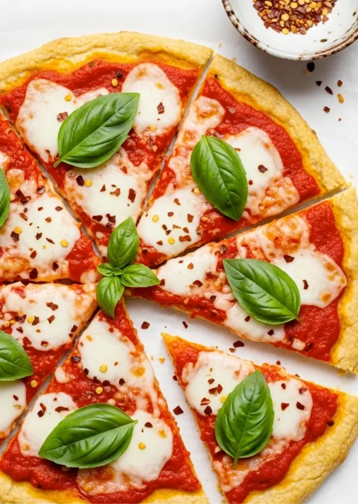 Overhead view of keto pizza slices with basil