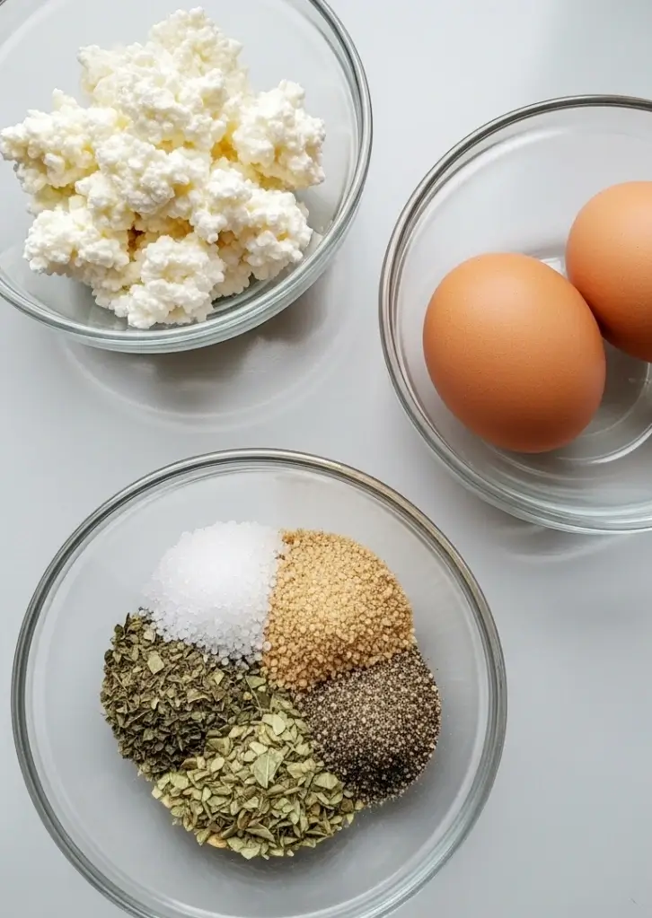 Cottage cheese, eggs, and seasonings in bowls