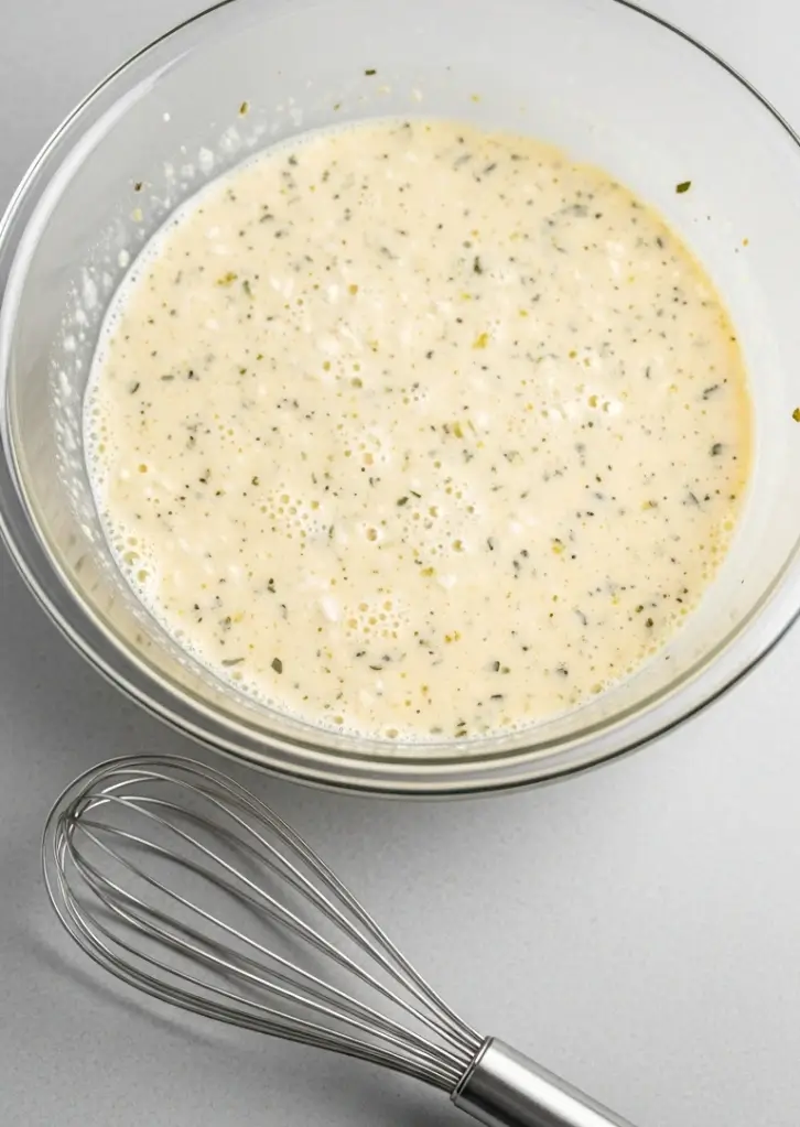 Mixed cottage cheese and egg batter with herbs in glass bowl