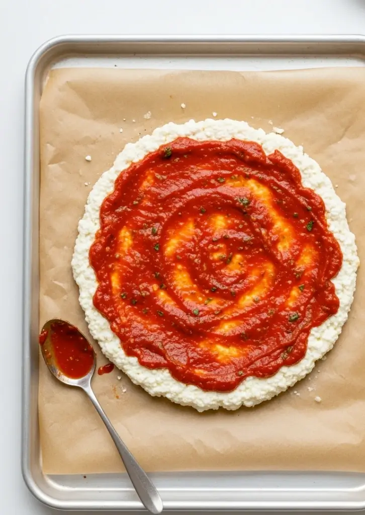 Tomato sauce spread on baked keto crust