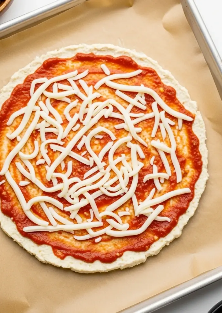 Shredded cheese over sauced keto crust