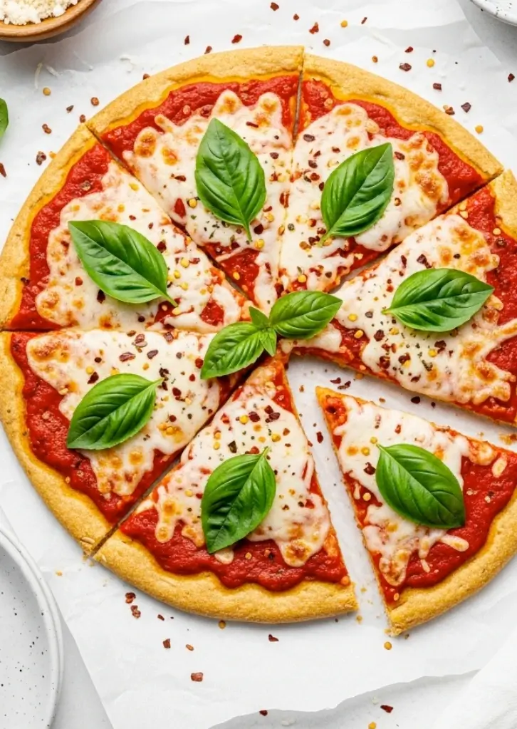 Sliced baked keto pizza with basil on top