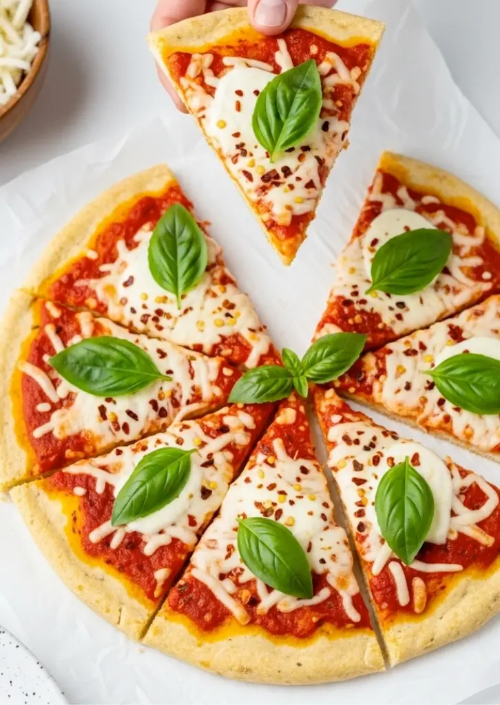 Hand holding slice of keto pizza