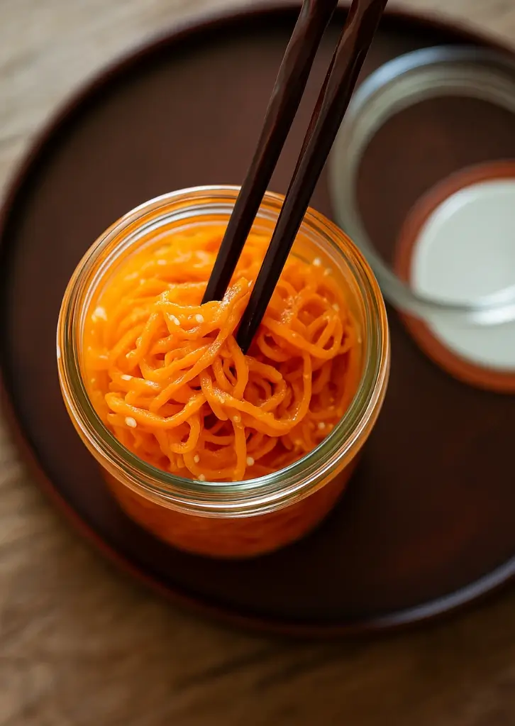 Korean carrot salad in a jar with chopsticks