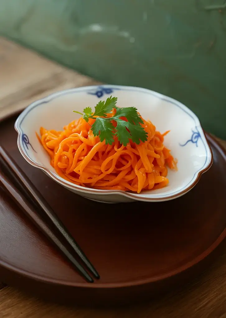 Korean carrot salad on a plate with parsley garnish