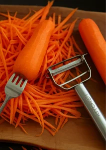 Peeled and julienned carrots with a kitchen peeler