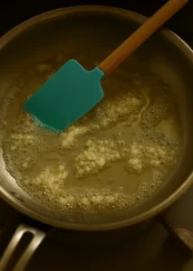 Garlic sizzling in oil in a saucepan