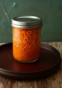 Korean carrot salad stored in a sealed mason jar