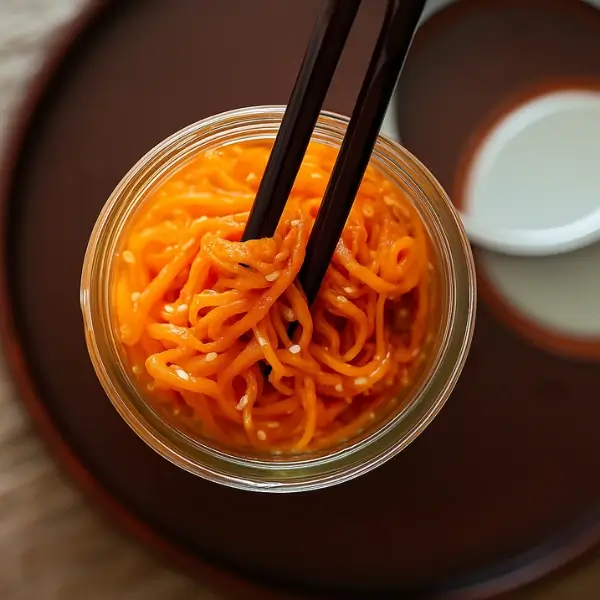 Top view of Korean carrot salad in a jar with chopsticks