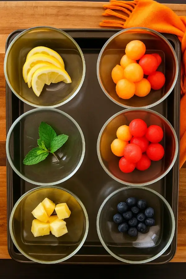Small bowls of fruit and mint for Korean watermelon punch