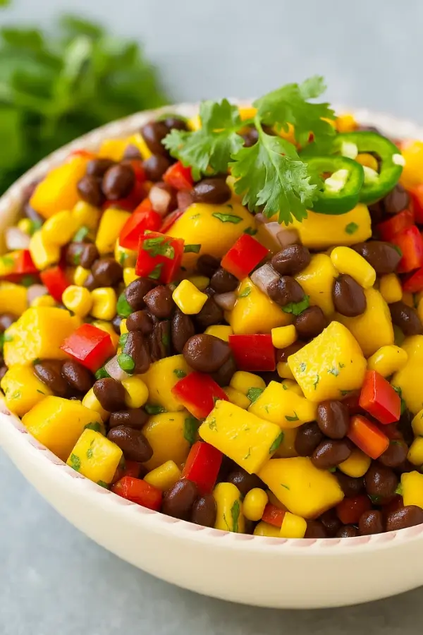 Close-up of black bean mango salad in a white bowl topped with cilantro and jalapeño slices