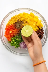Lime being squeezed into a bowl of layered mango black bean salad ingredients