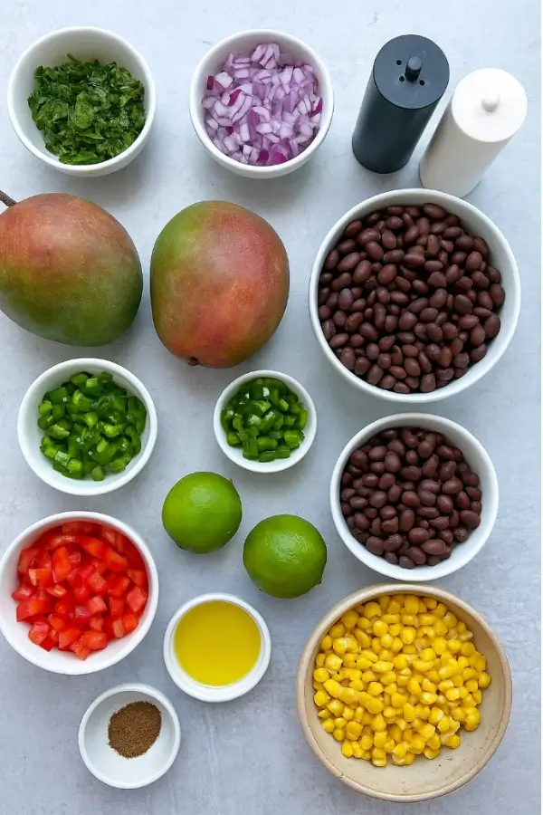 Ingredients for black bean mango salad neatly arranged on a white background