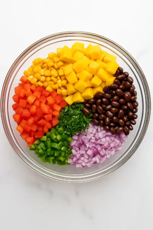 Chopped ingredients for mango black bean salad arranged in a clear mixing bowl