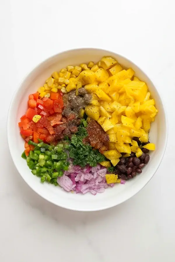 Salad ingredients topped with spices and chopped herbs before mixing