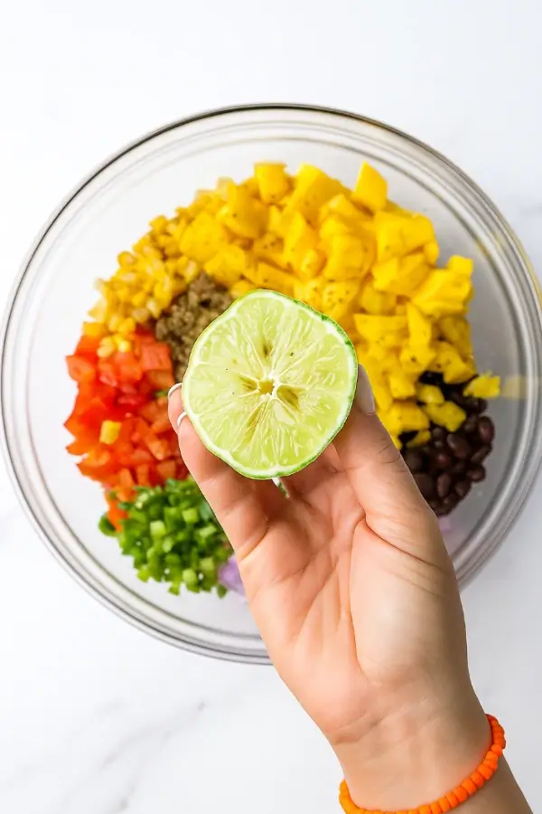 Hand squeezing a lime over chopped mango black bean salad