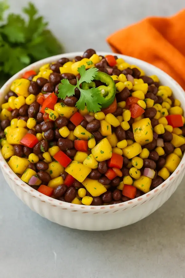 Black bean mango salad in a white bowl topped with cilantro and pepper rings