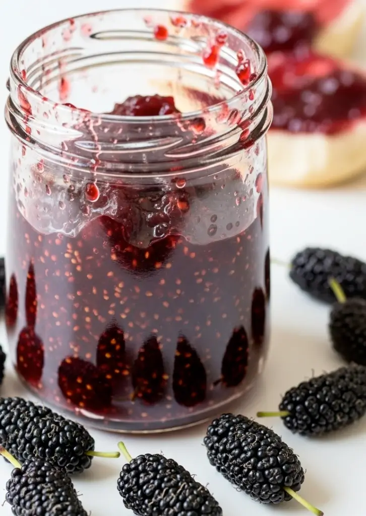 Open jar of homemade mulberry jam with fresh berries