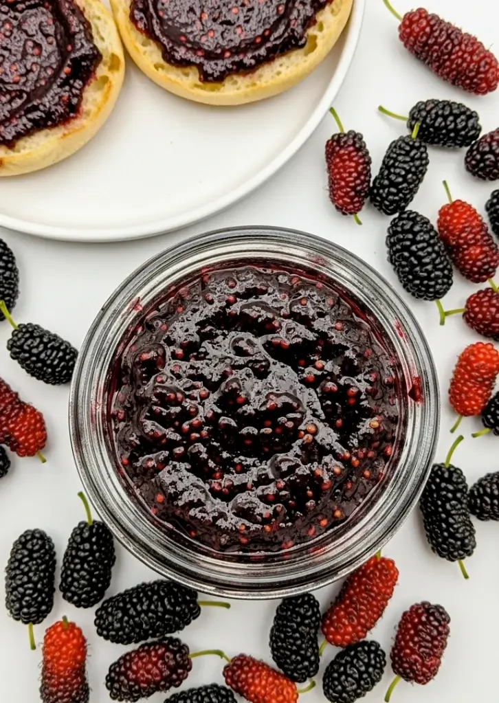 Overhead view of mulberry jam in jar with berries around