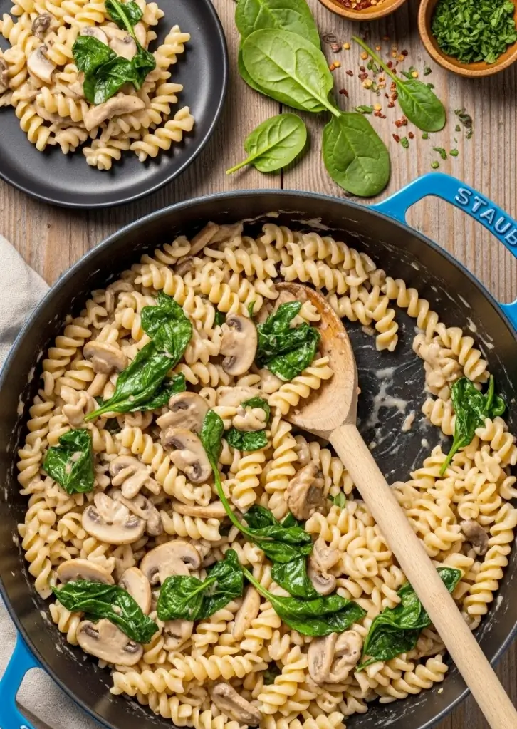 Creamy mushroom and spinach pasta in a skillet with fresh spinach and sautéed mushrooms