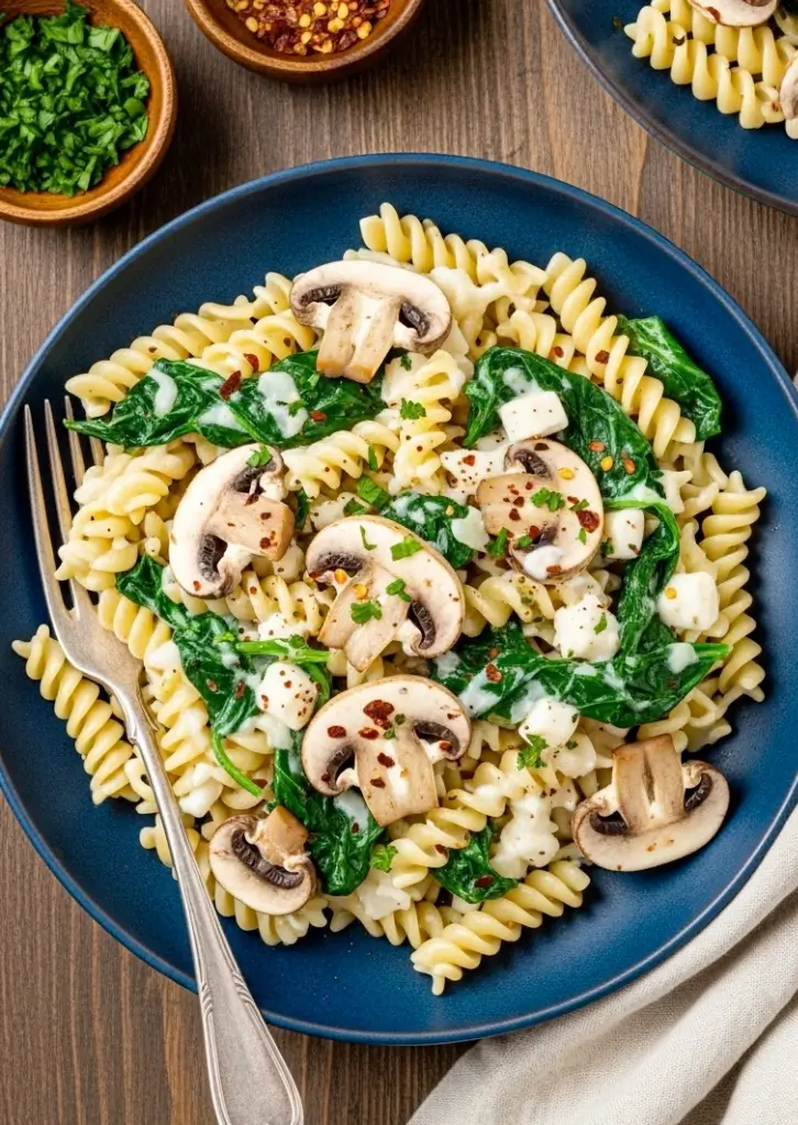 Creamy mushroom and spinach pasta plated with fusilli, fresh spinach, and sliced mushrooms