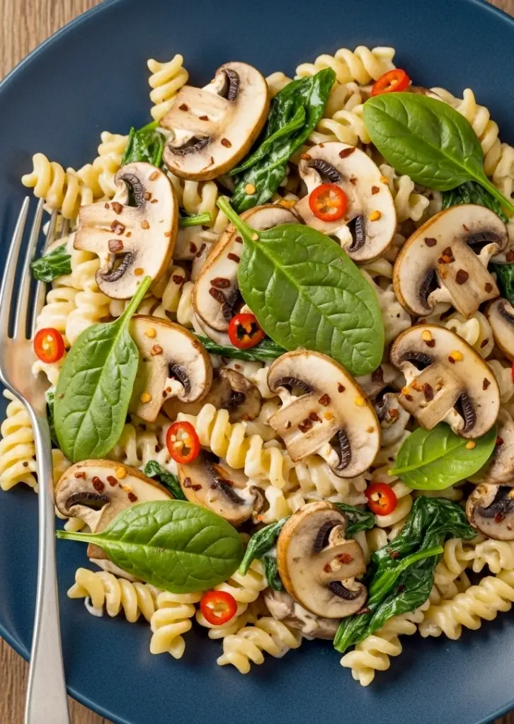 Creamy mushroom and spinach pasta topped with sliced red chili and fresh spinach leaves