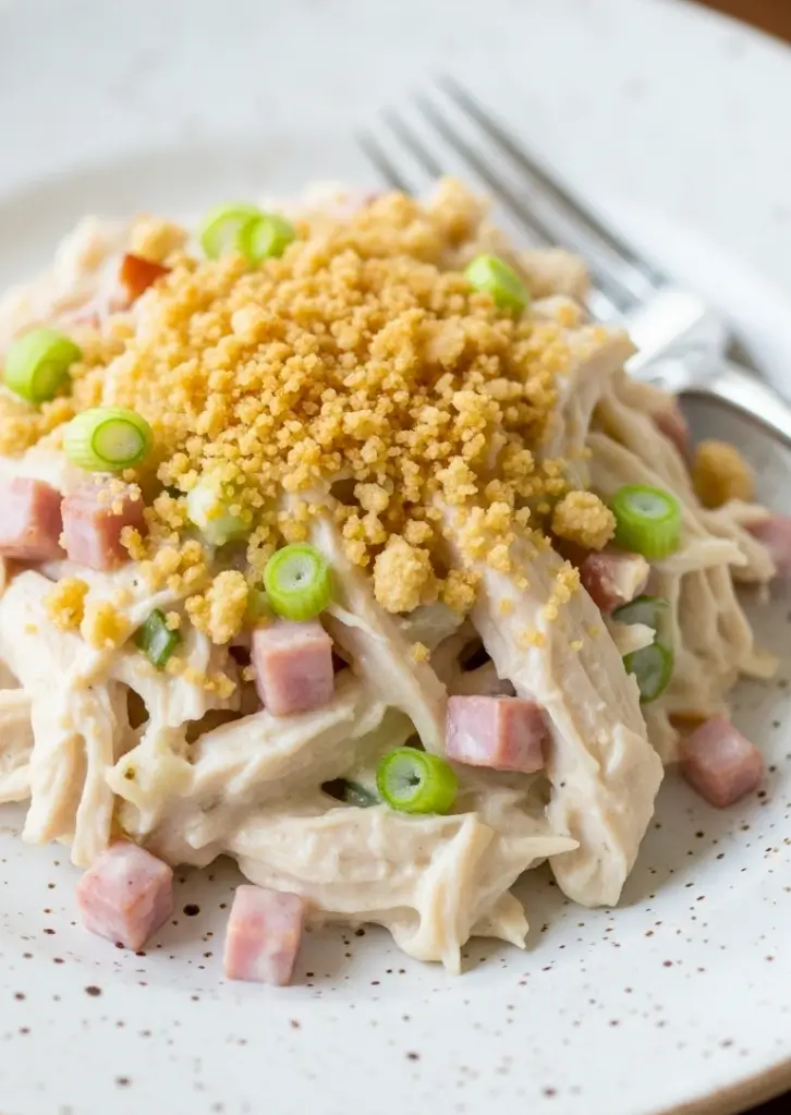 Creamy Neiman Marcus Chicken Casserole topped with crushed crackers and green onions