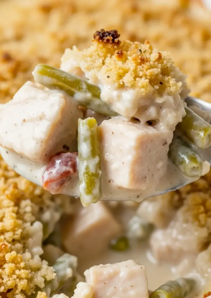 Spoonful of creamy Neiman Marcus Chicken Casserole with green beans and cracker topping