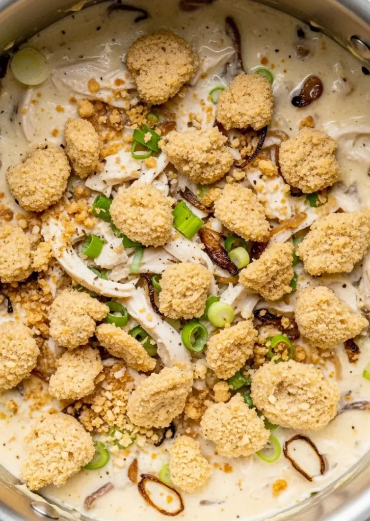 Overhead view of Neiman Marcus Chicken Casserole with creamy sauce and cracker topping