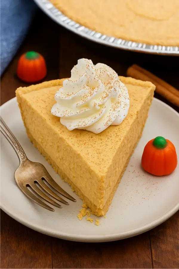Slice of No Bake Pumpkin Pie with whipped cream on a white plate