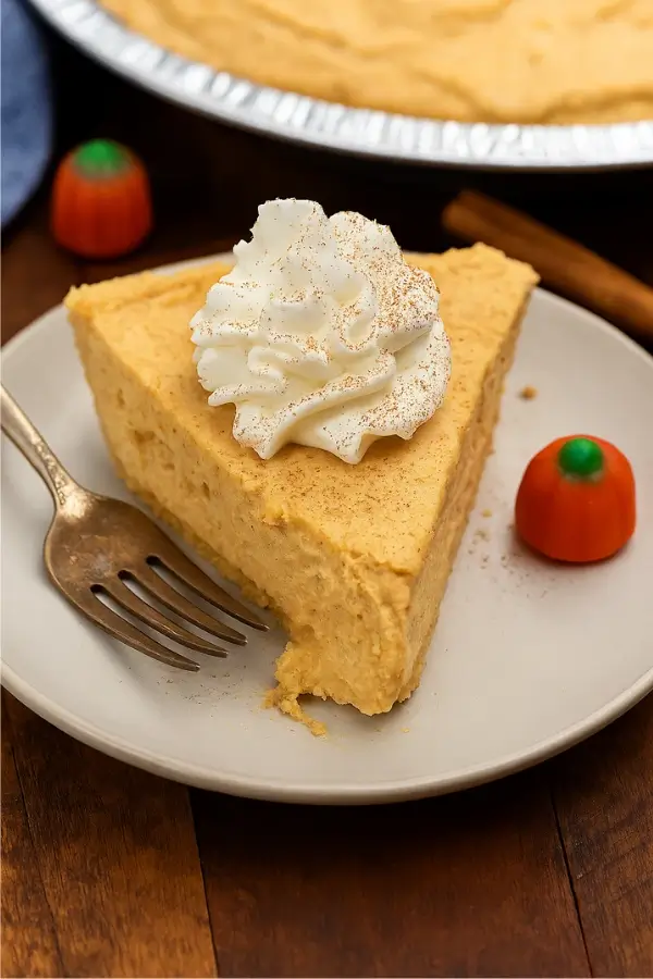Pumpkin pie slice with whipped topping and bite taken out