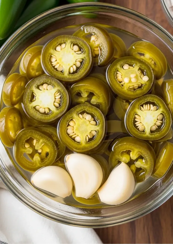 Pickled jalapeños and garlic cloves in homemade brine