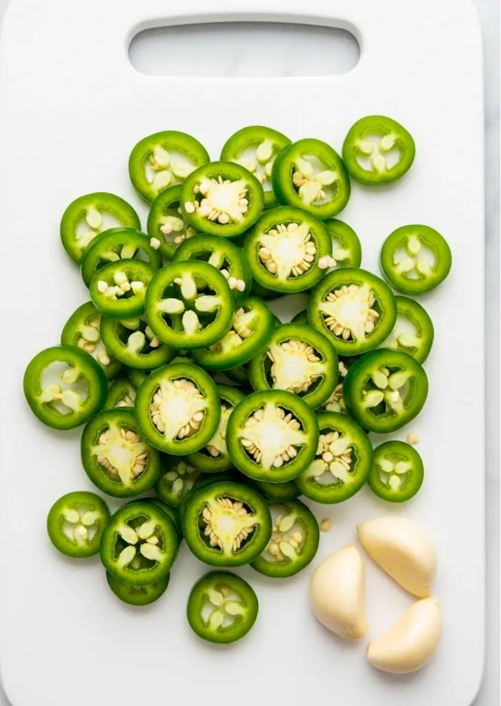 Homemade pickled jalapeños stored in tangy garlic vinegar brine