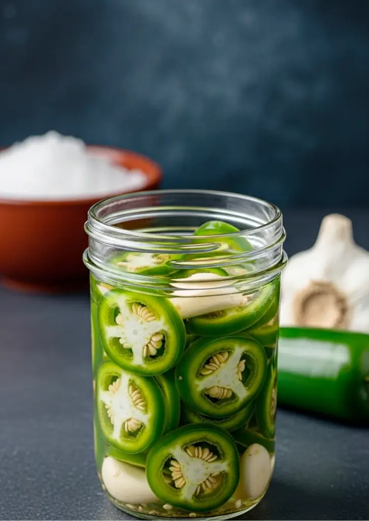 Glass jar filled with fresh jalapeños and garlic cloves in pickling brine