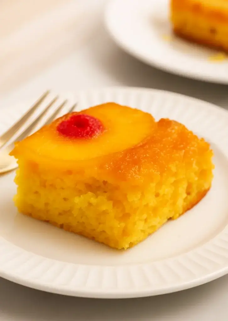 Pineapple upside down cake slice with cherry on white plate