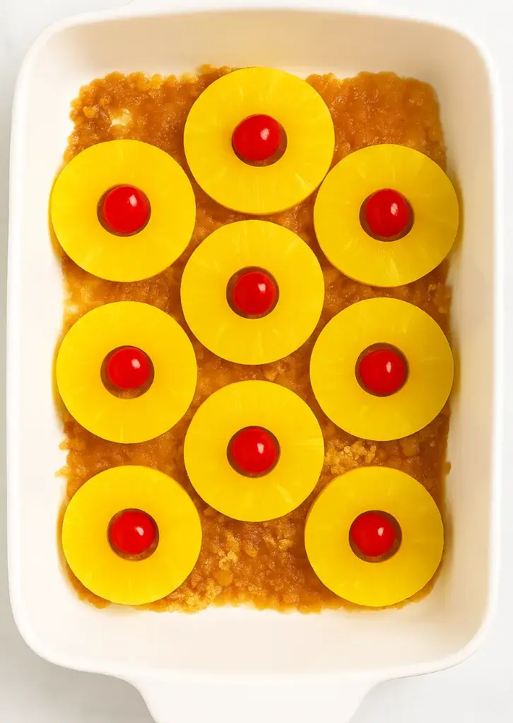 Pineapple slices and cherries layered in baking pan