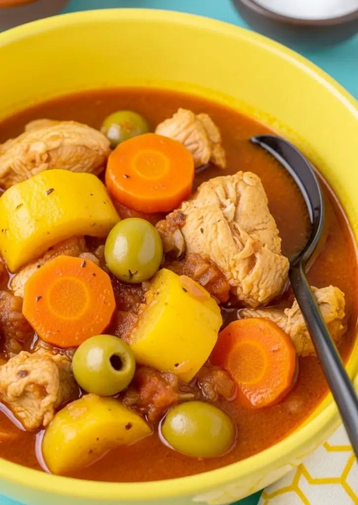 Close-up of Pollo Guisado with tender chicken, carrots, potatoes, and green olives