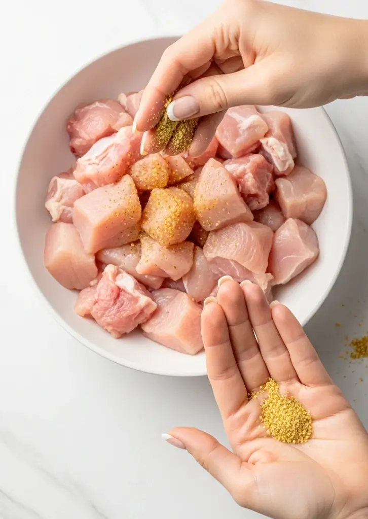 Seasoning raw chicken pieces with adobo for Pollo Guisado