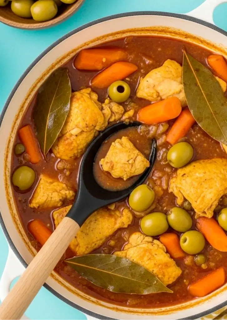 Pollo Guisado simmering in a Dutch oven with chicken, carrots, olives, and bay leaves