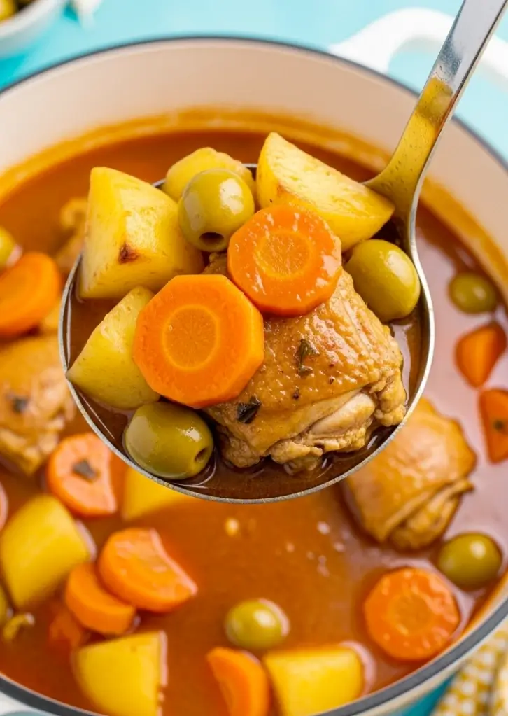 Ladle lifting Pollo Guisado with chicken, carrots, potatoes, and olives from a Dutch oven