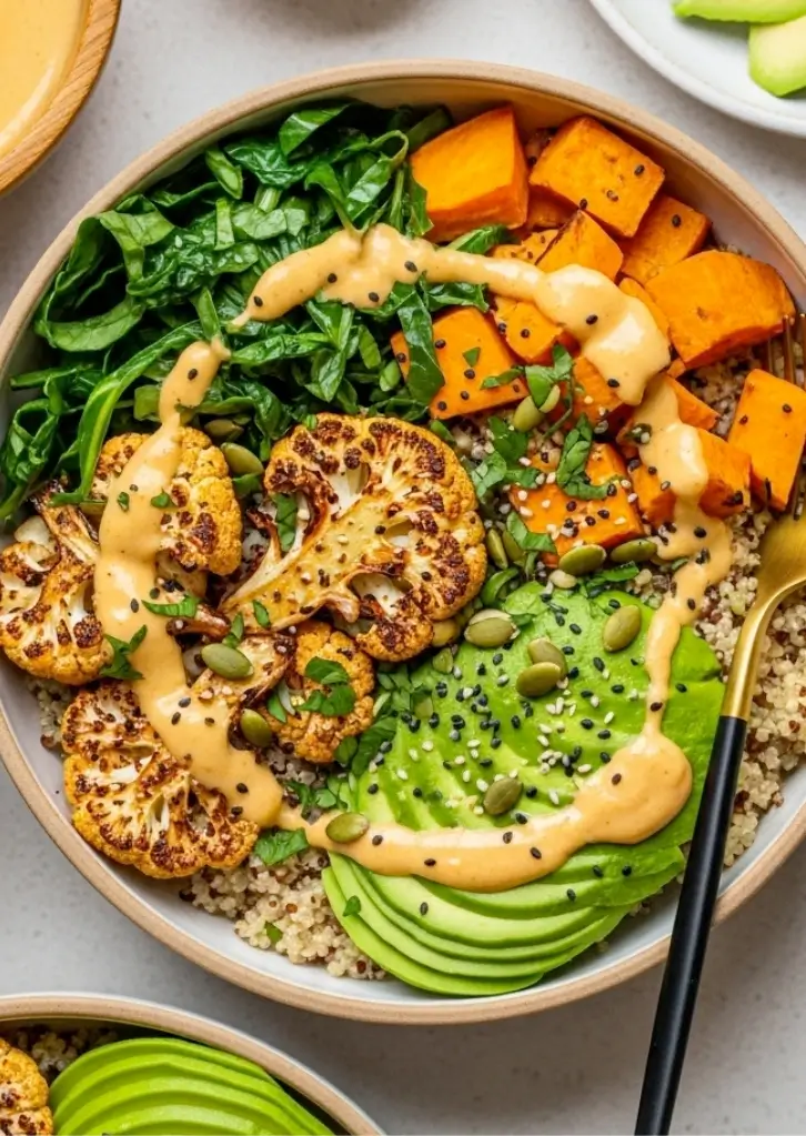 overhead roasted veggie bowl with avocado, sweet potatoes, kale, quinoa, and tahini dressing