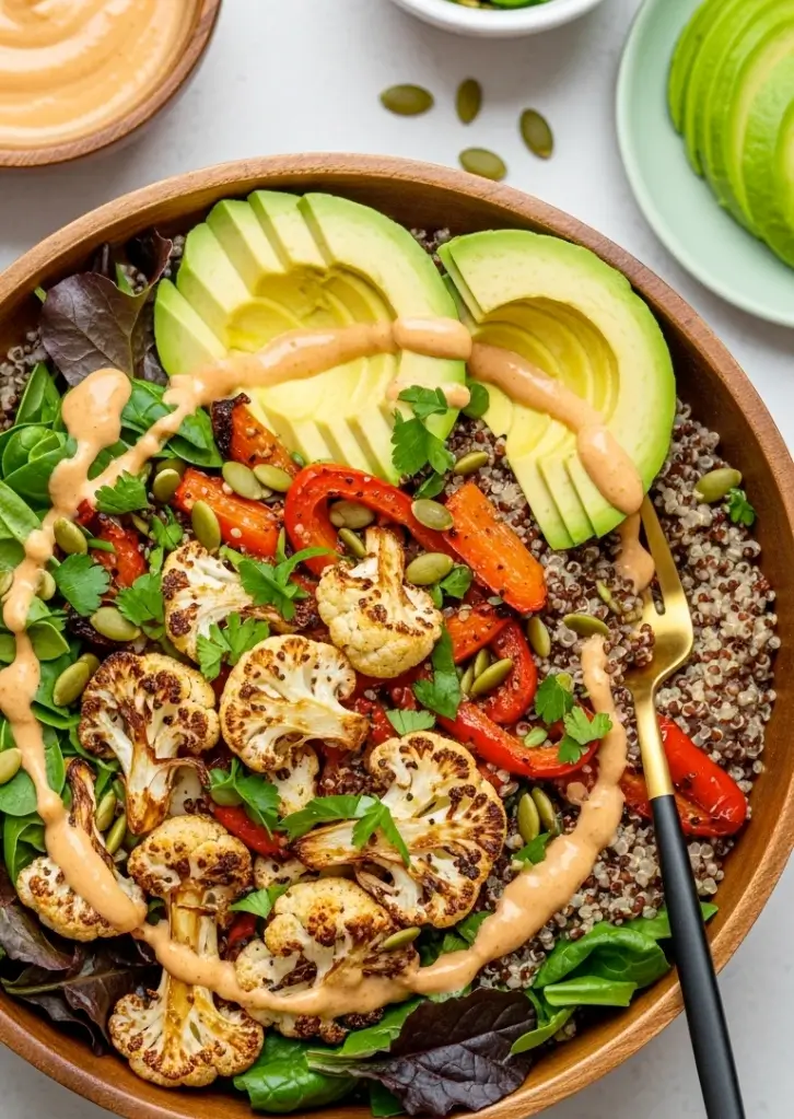 roasted veggie bowl with quinoa, avocado, cauliflower, red peppers, and tahini sauce in a wooden bowl