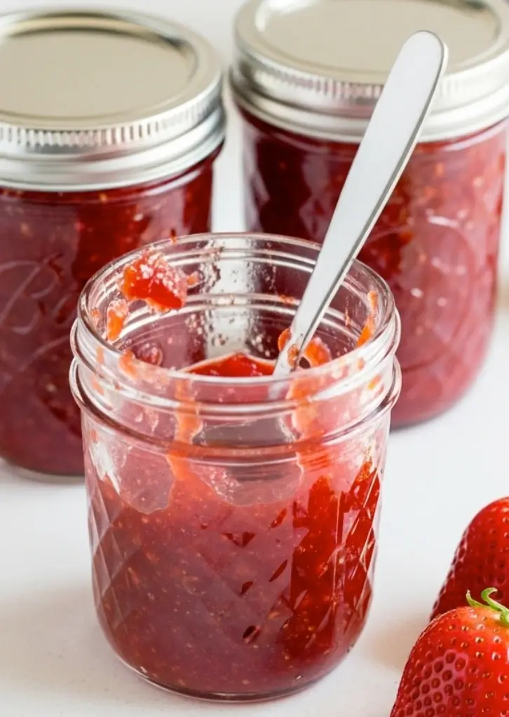 Homemade Strawberry Freezer Jam in open mason jar with spoon