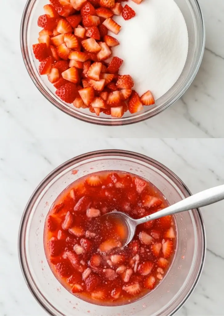 Mixing fresh strawberries with sugar to make freezer jam